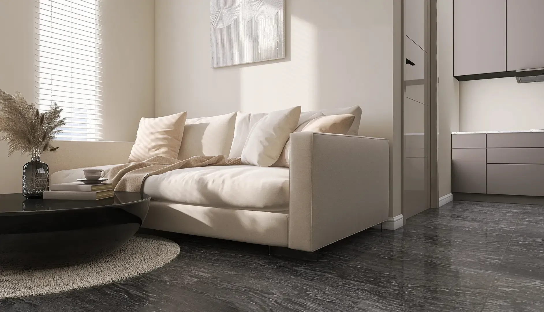 Mosaikkunst mit leuchtend roten, orangen und gelben Fliesen.