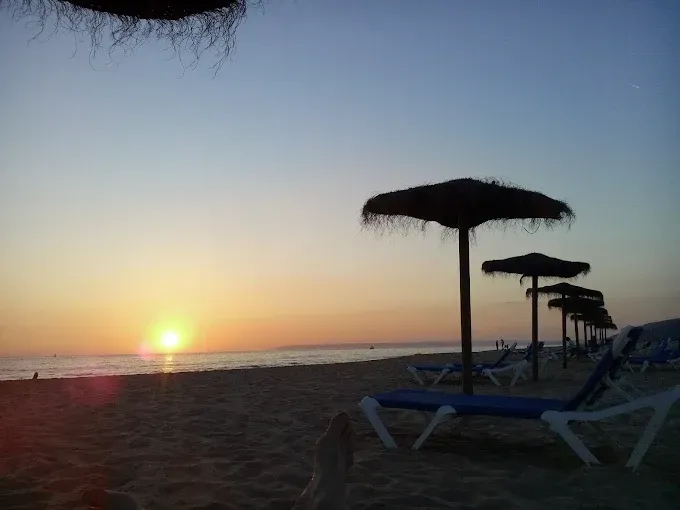 Puesta de sol sobre una playa con tumbonas y sombrillas de paja a lo largo de la orilla.