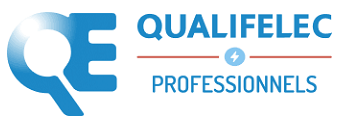 Logo bleu de Qualifelec Professionnels avec les lettres QE stylisées et une icône d'éclair.
