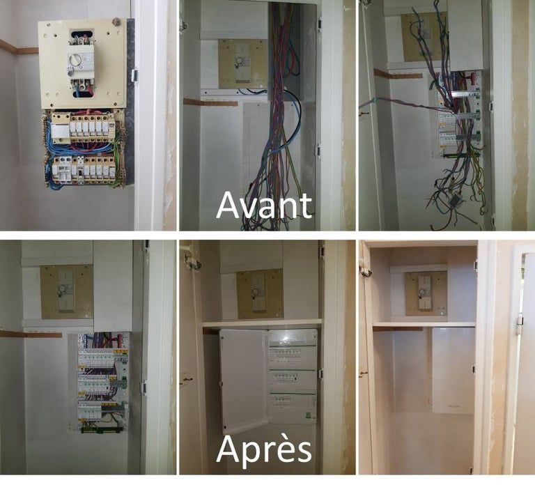 Comparaison d'un placard électrique avant et après rénovation, montrant un câblage organisé et un panneau propre et recouvert.