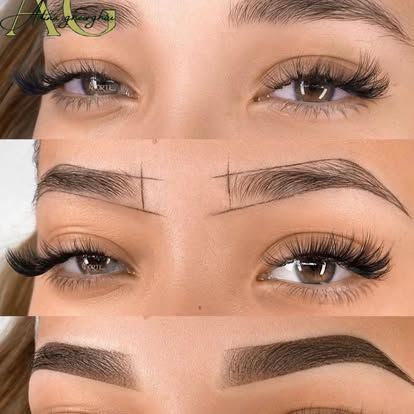 Tres etapas de diseño de cejas: natural, mapeada y terminada, con ojos.