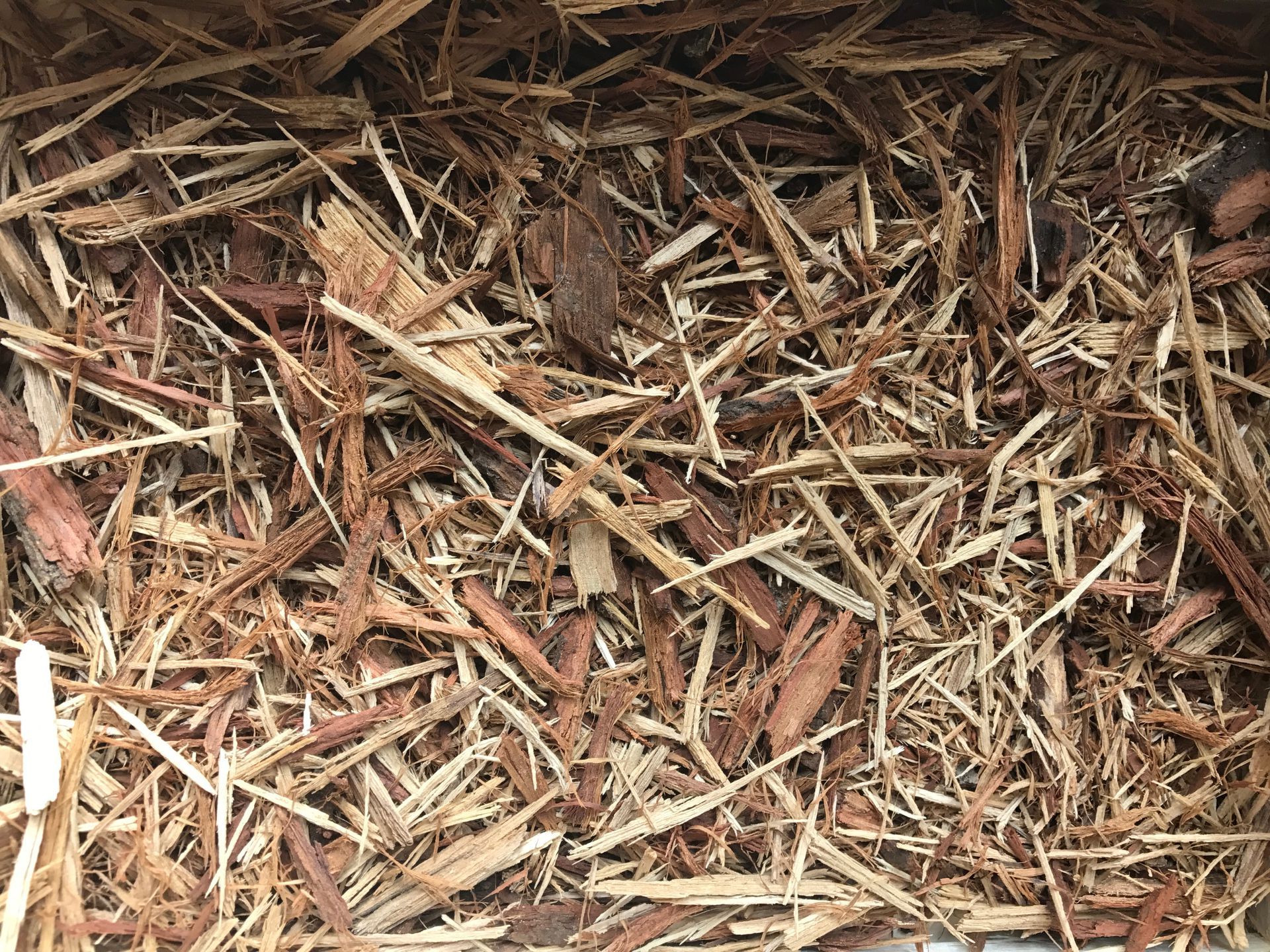 Gros plan sur du paillis de bois brun, composé de morceaux de bois déchiquetés.