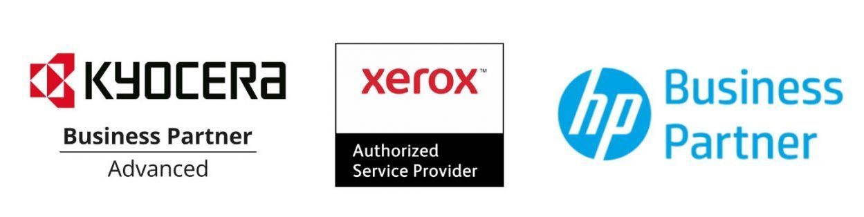 Un logotipo de socio comercial de Kyocera, Xerox y HP