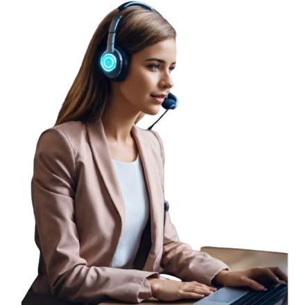 Una mujer con auriculares está escribiendo en una computadora portátil.