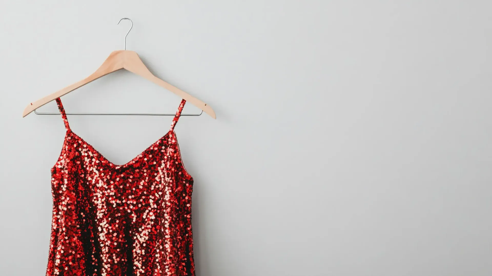 Un vestido rojo con lentejuelas cuelga de una percha de madera contra una pared blanca.