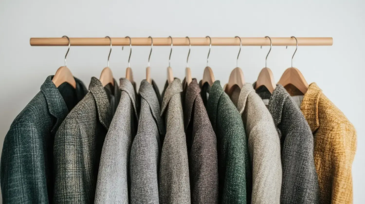Abrigos de varios colores colgados en perchas de madera a lo largo de una barra de madera, contra una pared blanca.