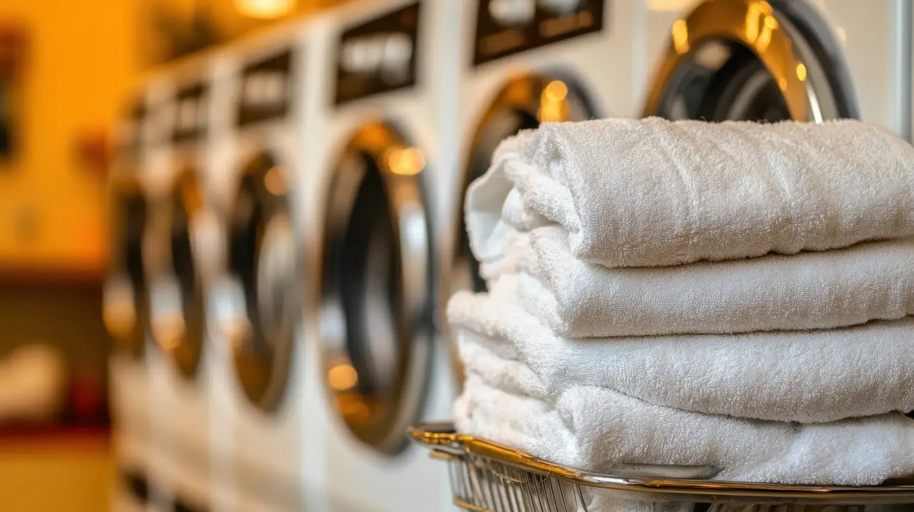 Pila de toallas blancas dobladas delante de una fila de lavadoras en una lavandería.