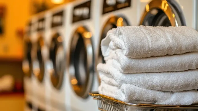 Una pila de toallas blancas dobladas reposa en una cesta de metal frente a una hilera de secadoras de ropa borrosas.