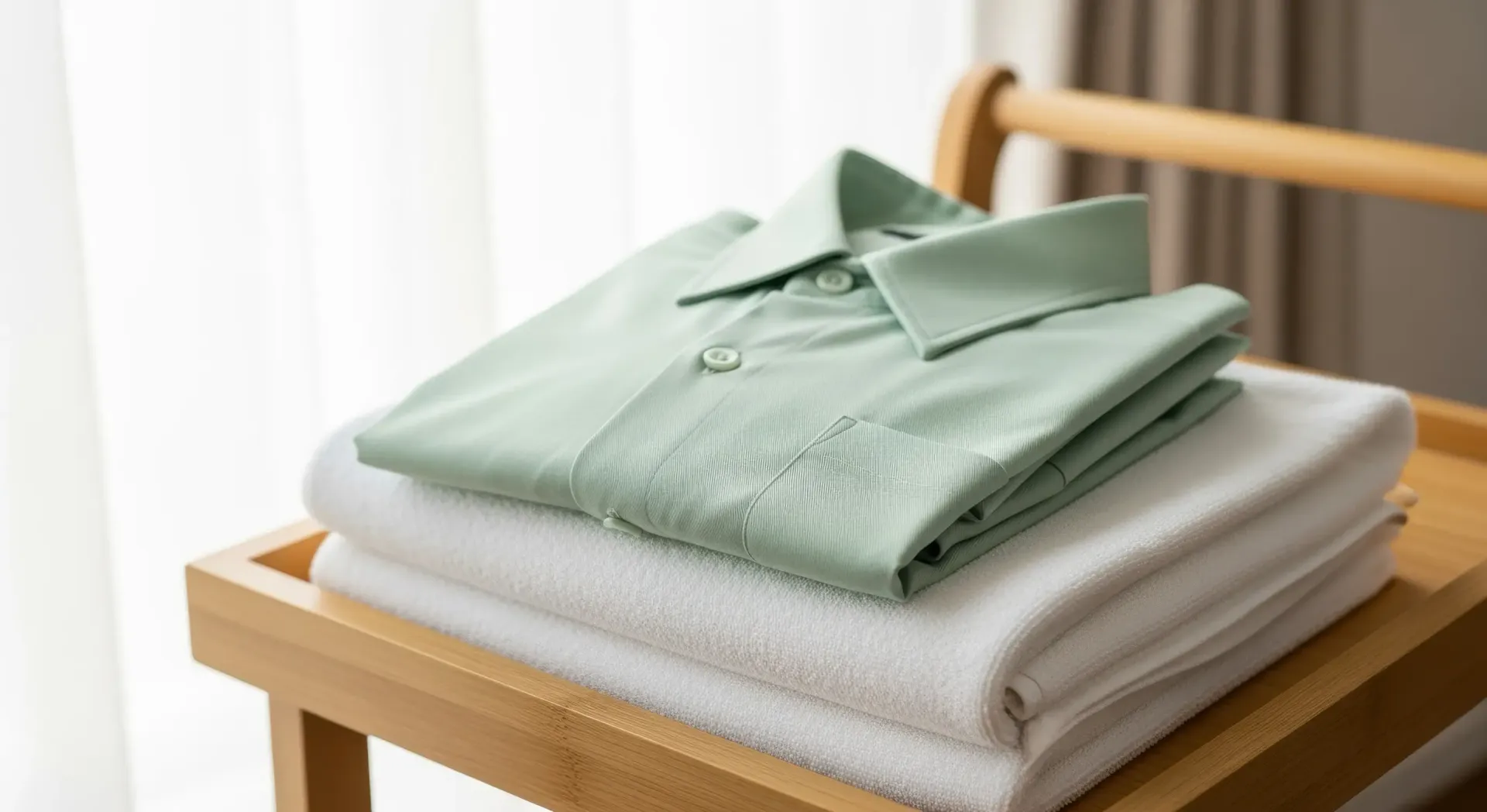 Camisa verde claro doblada encima de dos toallas blancas sobre una bandeja de madera.