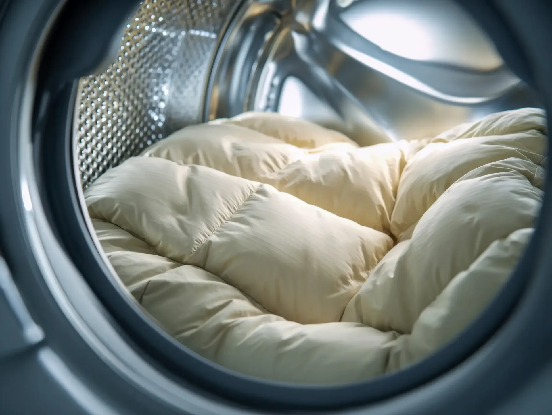 Vista interior de un tambor de lavadora lleno de un edredón de color beige.