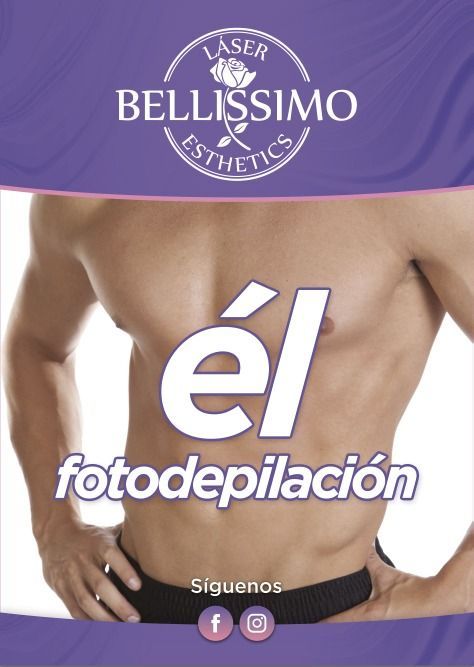 Un cartel de estética bellissimo muestra a un hombre sin camisa.