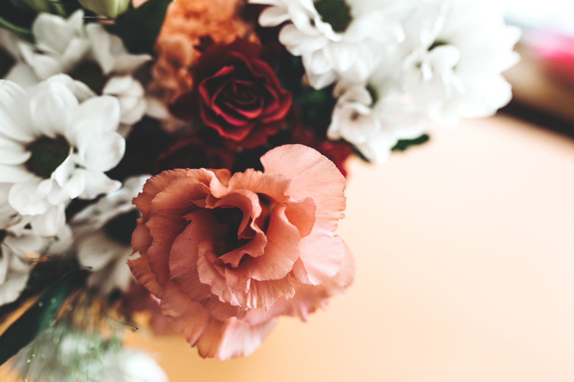 Primer plano de un ramo con una rosa de color melocotón en foco, rodeada de flores rojas, blancas y naranjas.