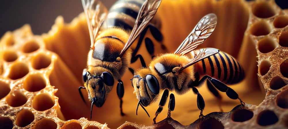 Dos abejas están sentadas encima de un panal.