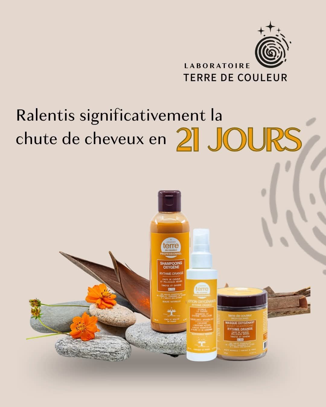 Lotion anti-chute capillaire Laboratoire Terre de Couleur, avec flacons bruns et jaunes, promesse en 21 jours.