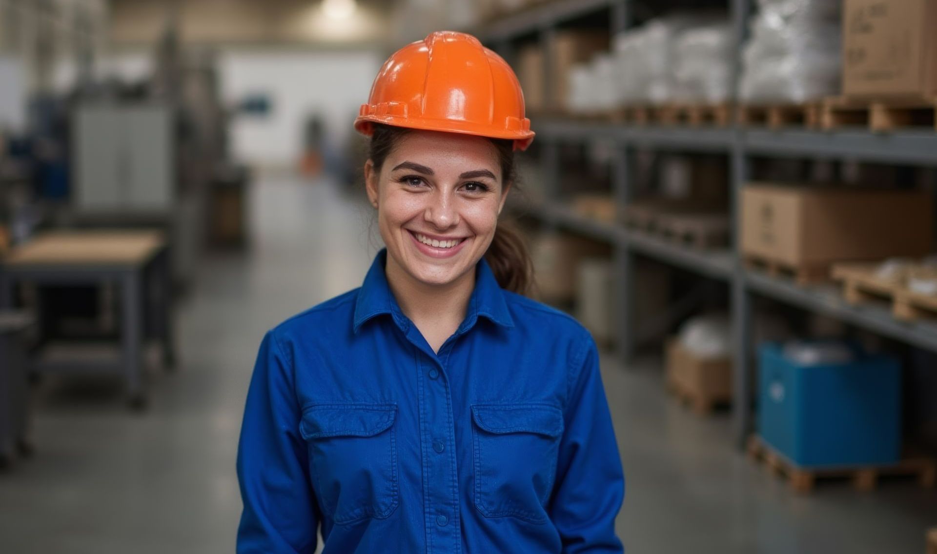 Jeune femme portant un casque orange et une combinaison bleue