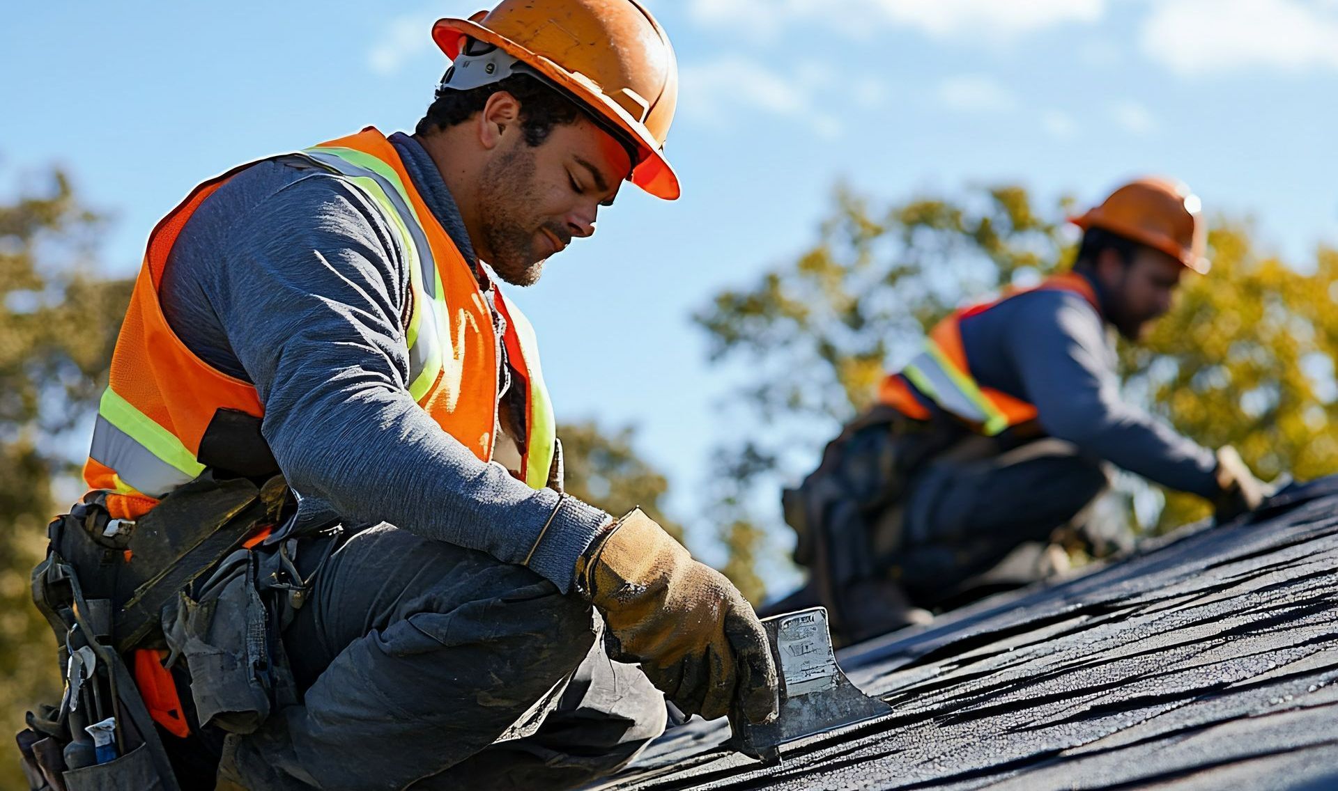 Silhouettes de deux couvreurs sur un toit