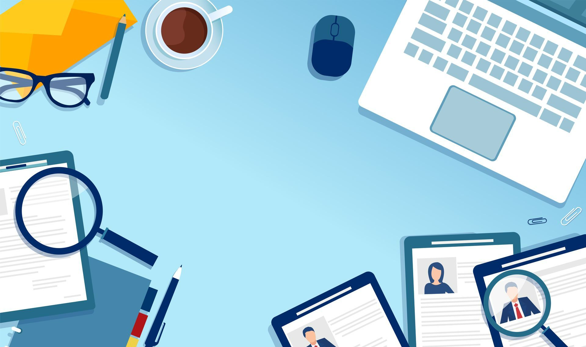 Illustration de multiples CV, une loupe et un ordinateur posés sur un bureau