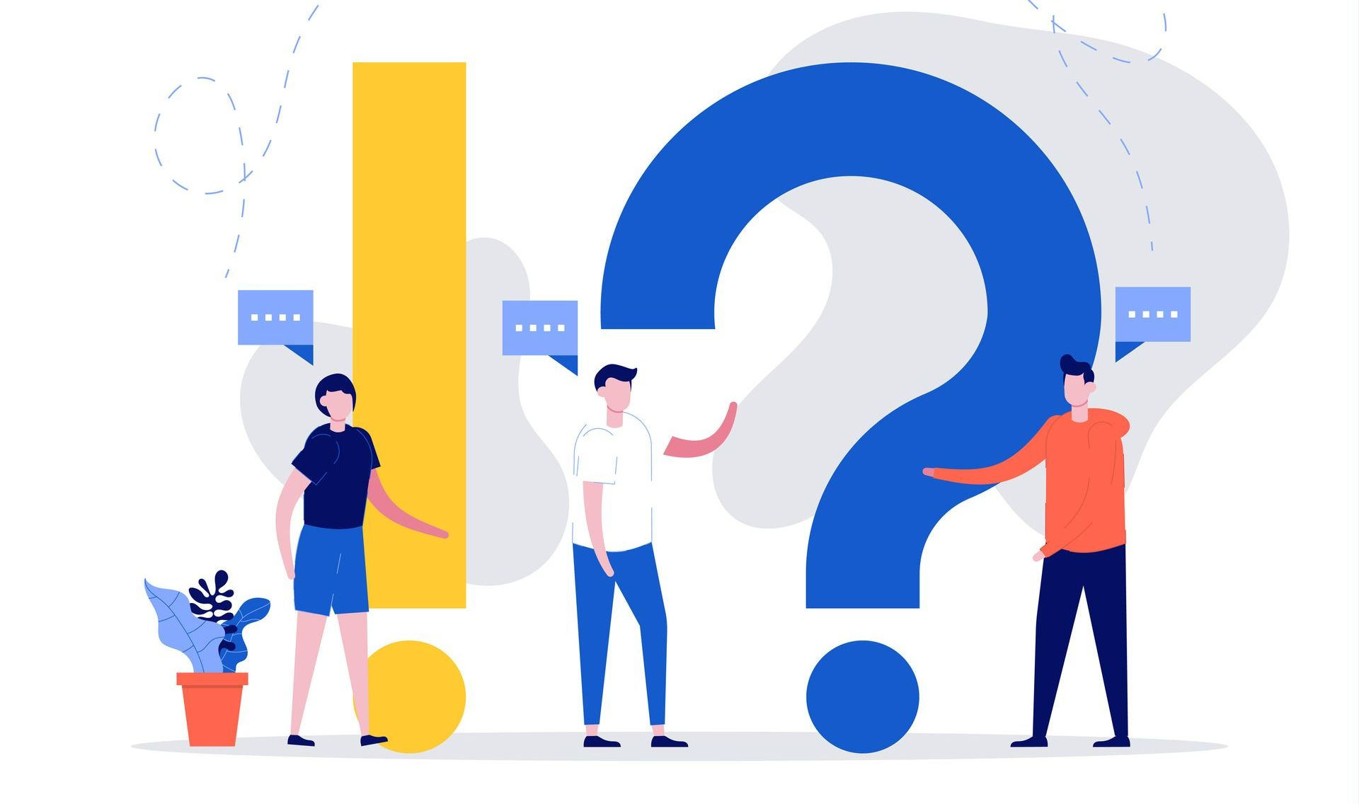 3 personnages présentant un point d'exclamation et un point d'exclamation géants