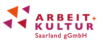Logo for Arbeit+Kultur Saarland gGmbH with red and magenta geometric shapes