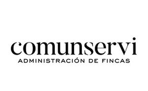 Un logotipo en blanco y negro para communservi administración de fincas sobre un fondo blanco.