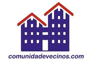 Un logotipo para comunidadevecinos.com muestra un edificio azul con techos rojos.