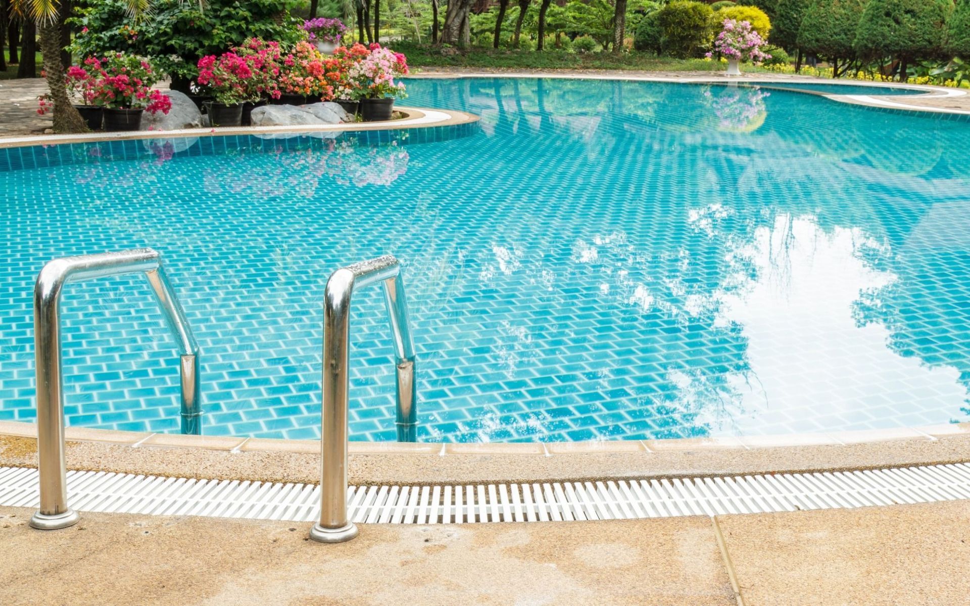 Una gran piscina con escaleras que conducen a ella y flores al fondo.