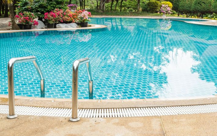 Una gran piscina con escaleras que conducen a ella y flores al fondo.