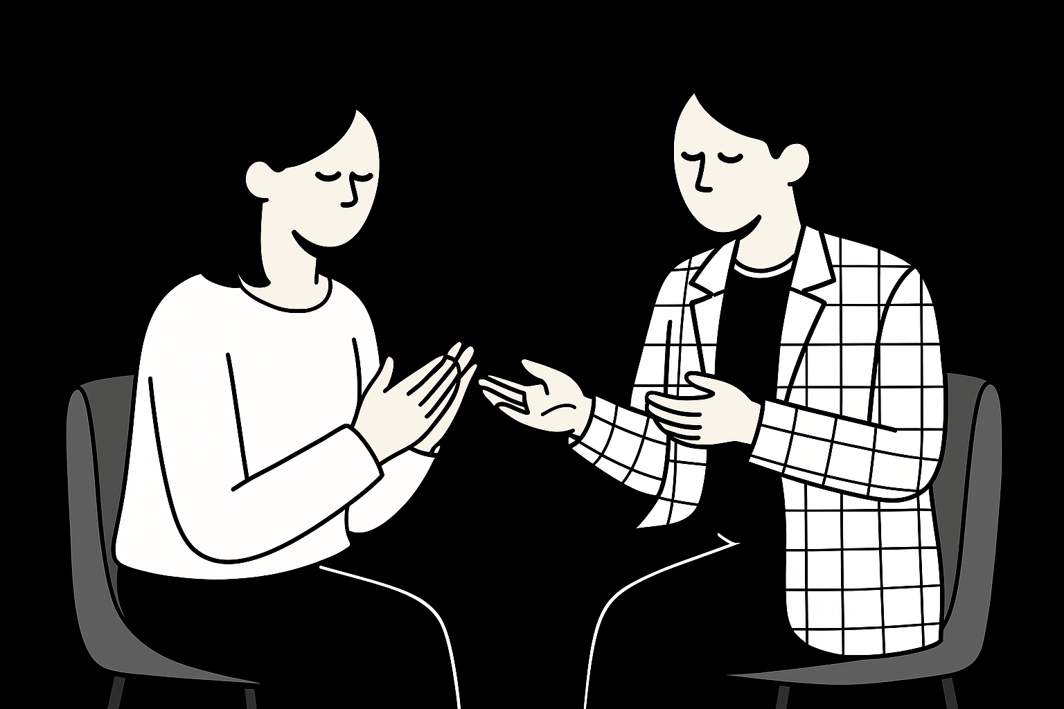 Dos personas sentadas, una frente a la otra, conversan. Una gesticula, la otra se toma de la mano.