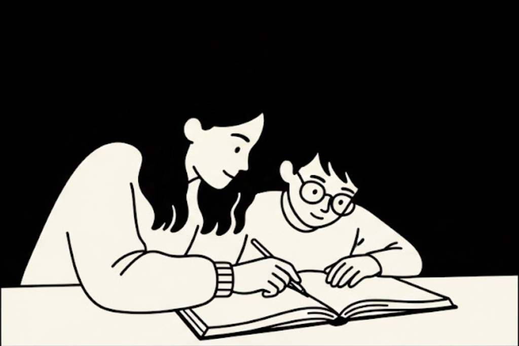 Persona ayudando a otra a escribir en un cuaderno. Sonríe.