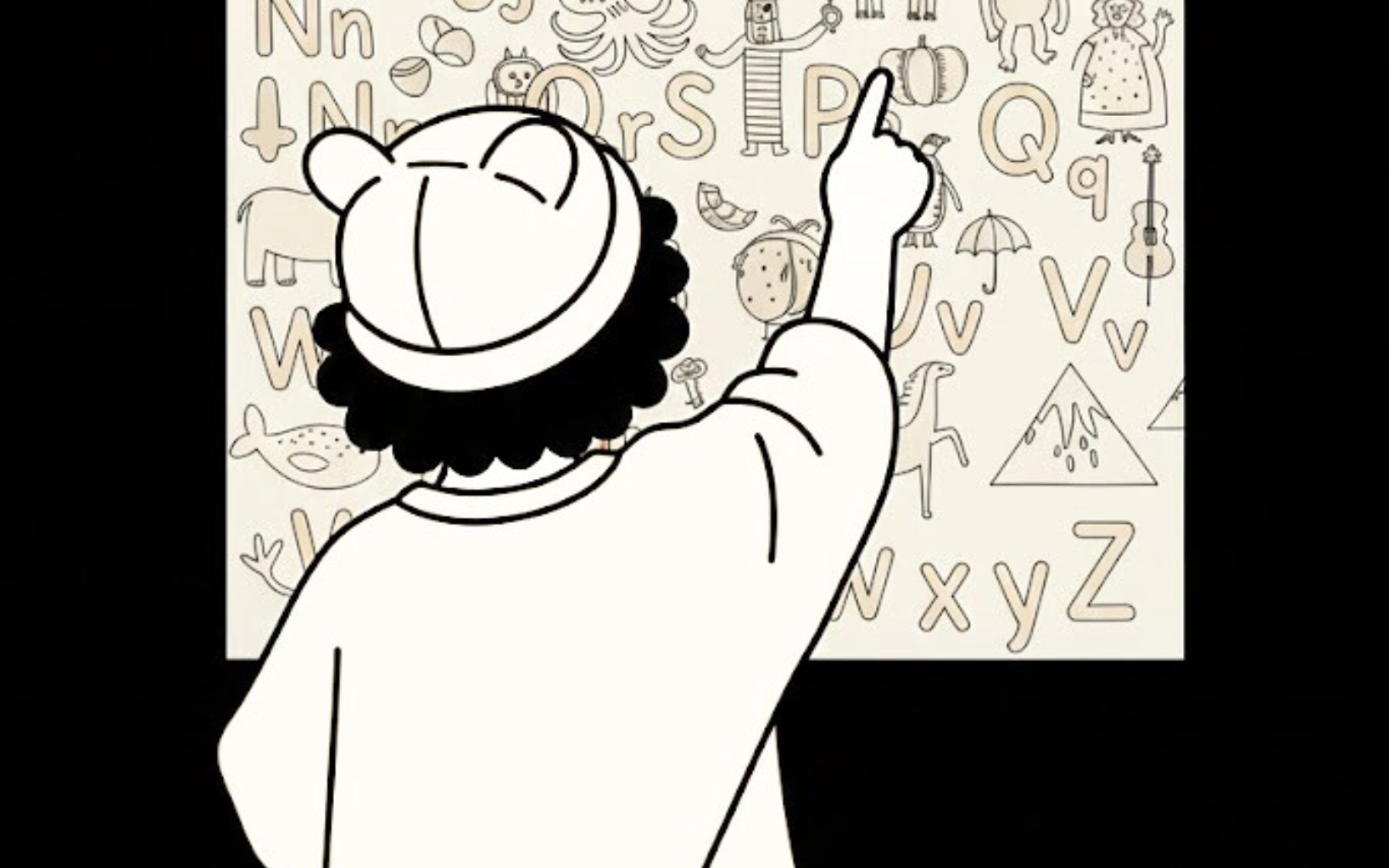 Persona señalando un cartel del alfabeto, con ilustraciones al lado de cada letra.