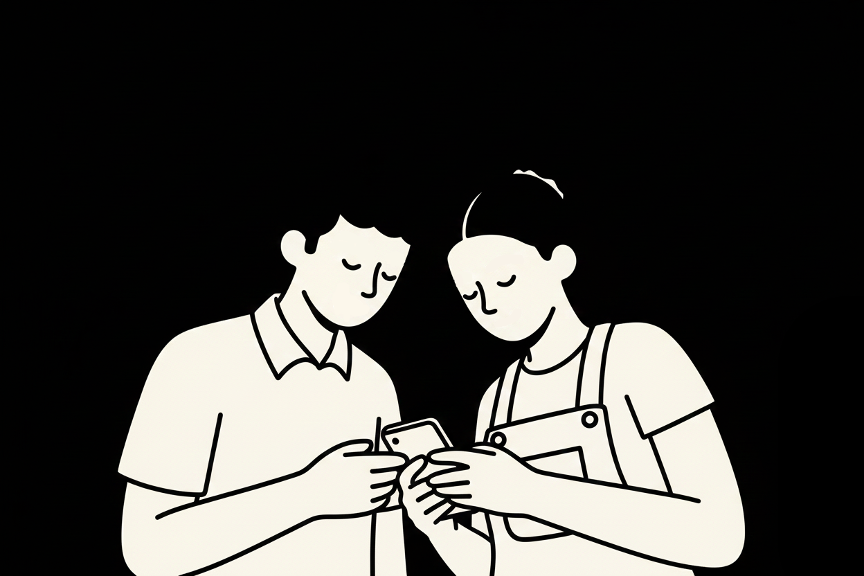 Dos personas miran dos teléfonos inteligentes sobre un fondo negro.