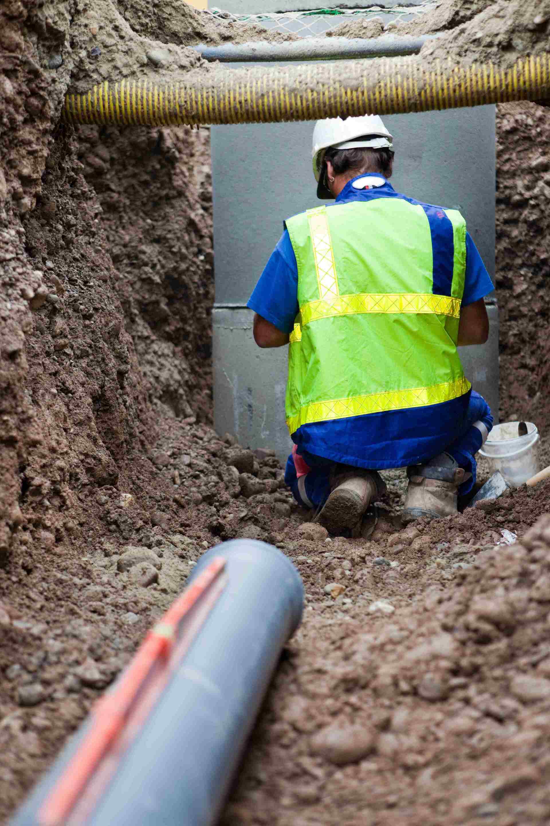 Ouvrier travaillant à genoux dans un sentier creusé et contenant des tuyaux