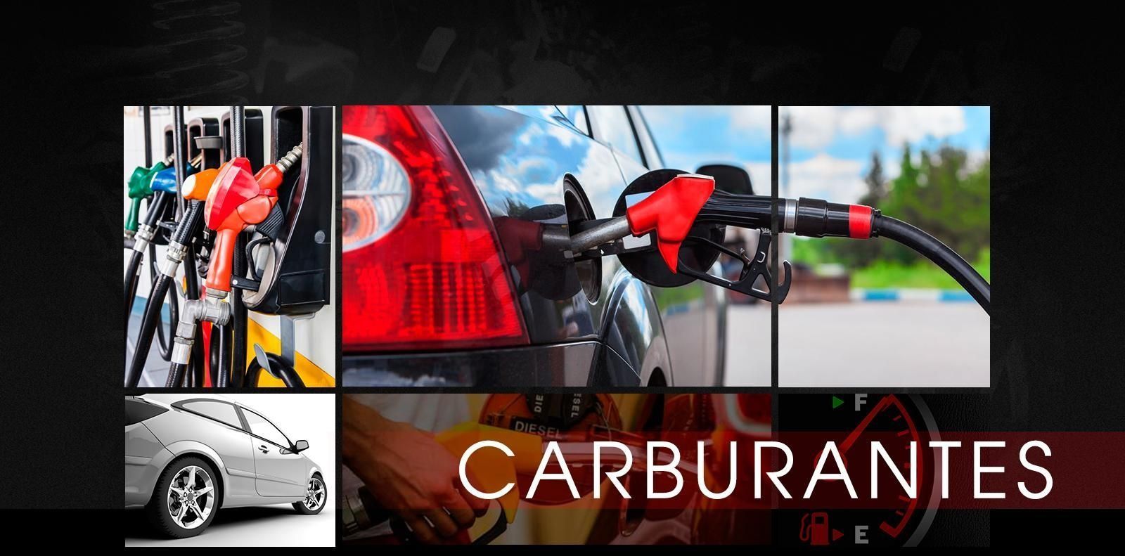 Imágenes de bombas de gasolina, combustible para automóviles y un automóvil con la palabra 