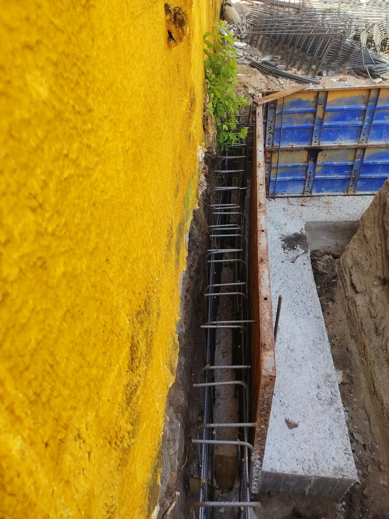Hileras de grano amarillo brillante secándose junto a un pequeño edificio con techo de lona azul y una zanja abierta.