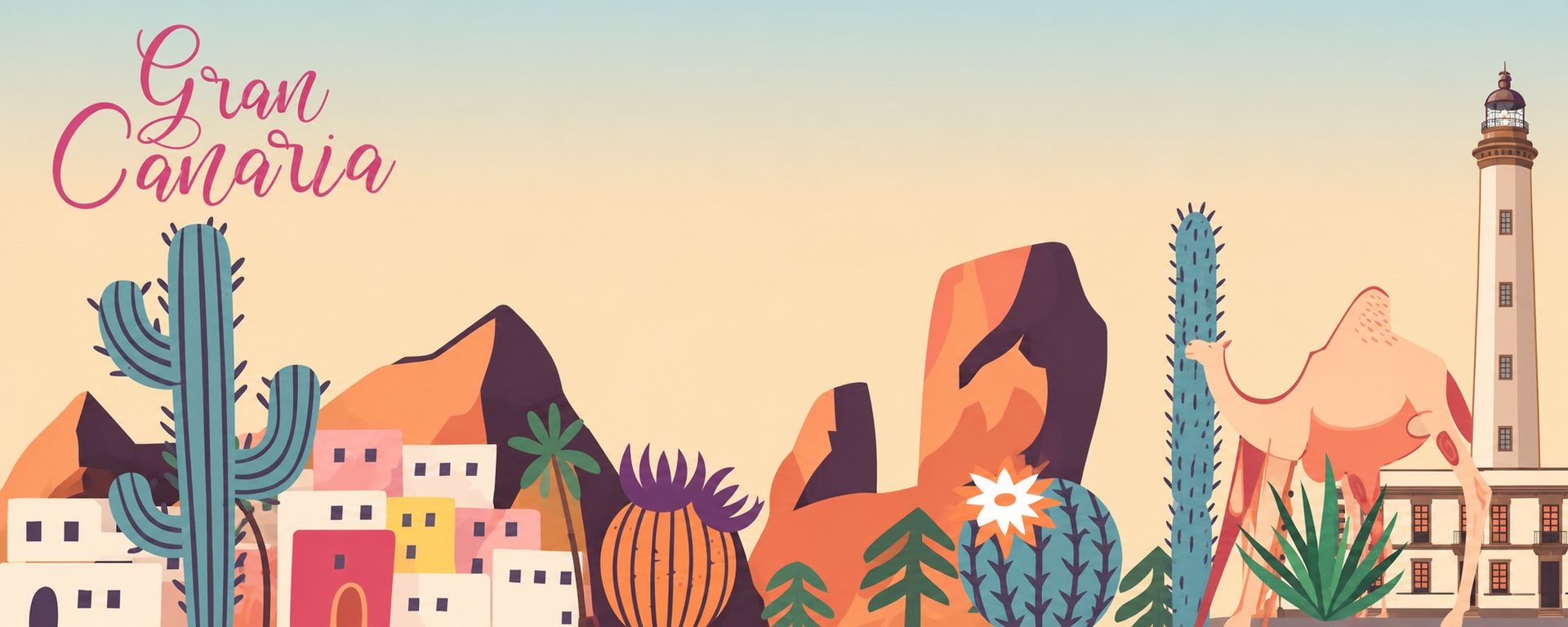 Ilustración de Gran Canaria con cactus, casas canarias, montañas, camello y faro