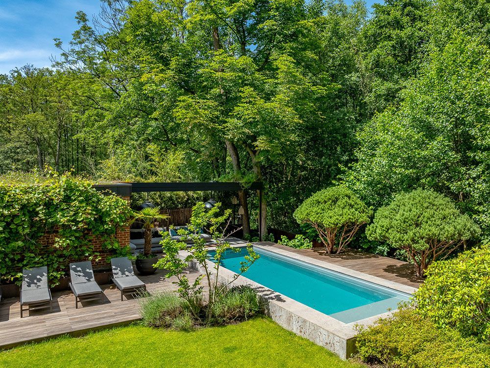 Ein von Grün umgebener Pool mit Liegestühlen auf einer Holzterrasse lädt zum Entspannen ein.