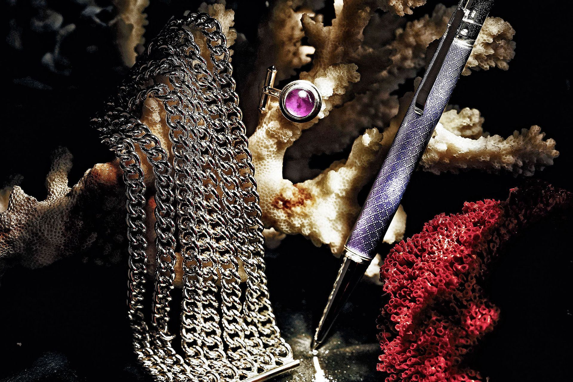 Silbernes Kettenhemd, violetter Edelsteinanhänger, Stift, Koralle auf Schwarz.