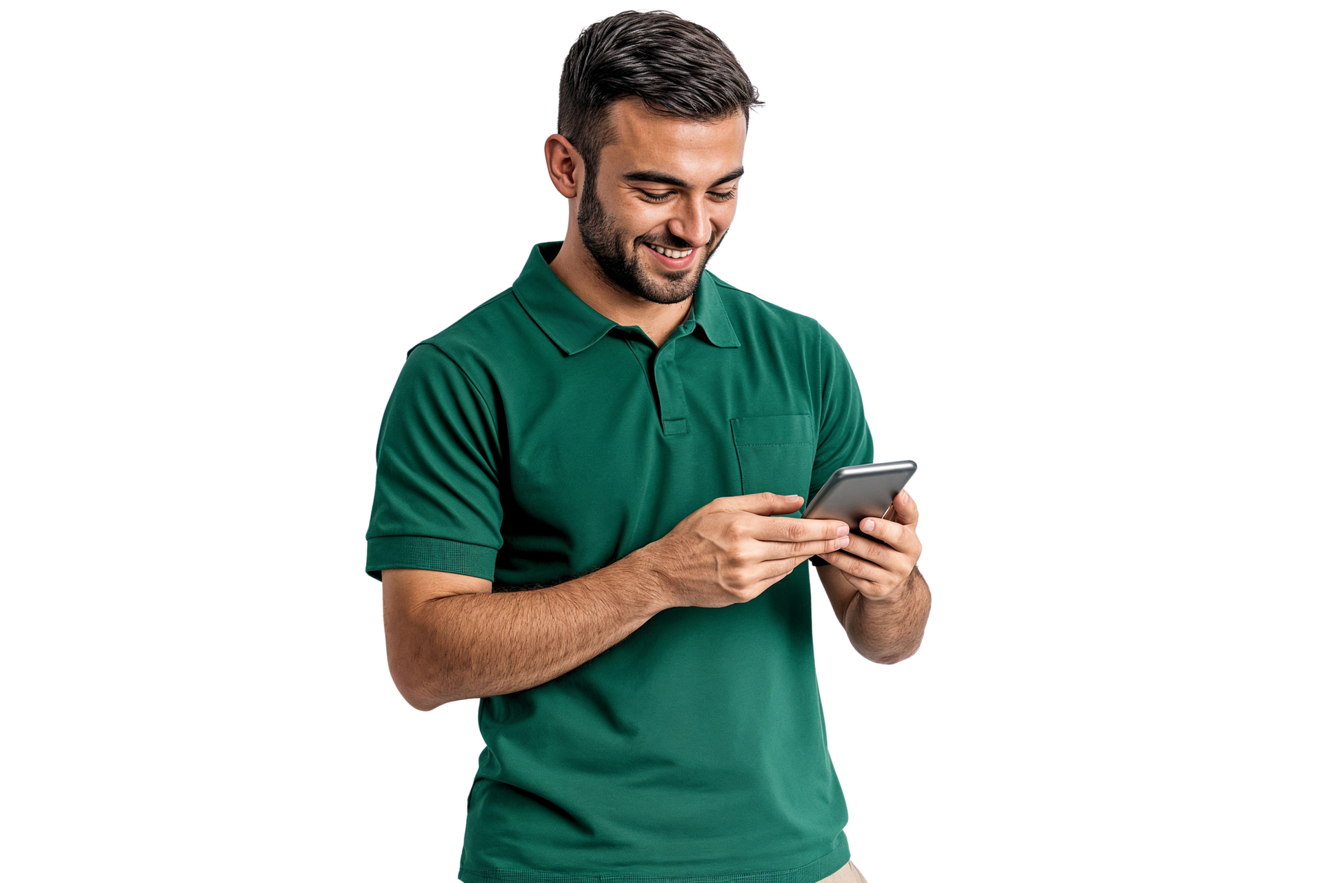 Un homme en polo vert, souriant, regarde son téléphone.
