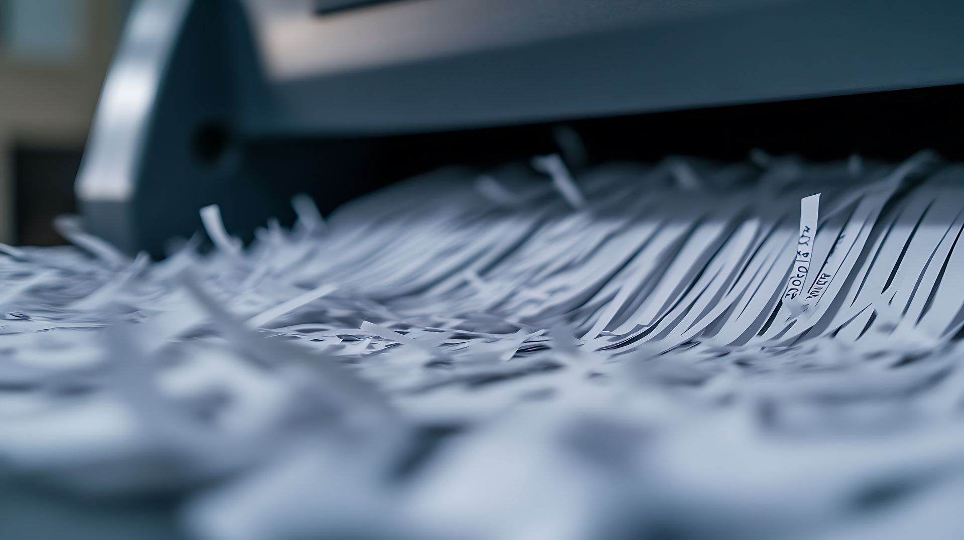 Papier déchiqueté s'échappant d'une déchiqueteuse de documents.