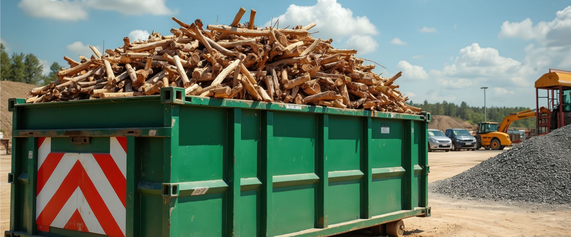 Une grande benne verte remplie de bûches de bois.