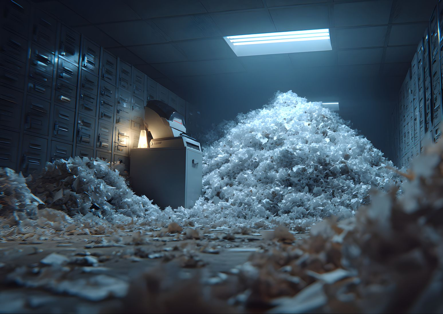 Une pièce jonchée de papiers déchiquetés. 