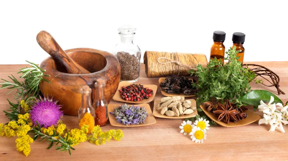 Hierbas variadas, flores secas, especias, mortero y majadero, y frascos de aceites esenciales sobre una mesa de madera.