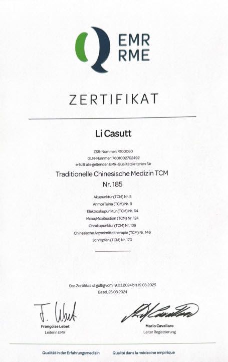 Qualitätszertifikat von Li Casutt von der China 99 TCM GmbH