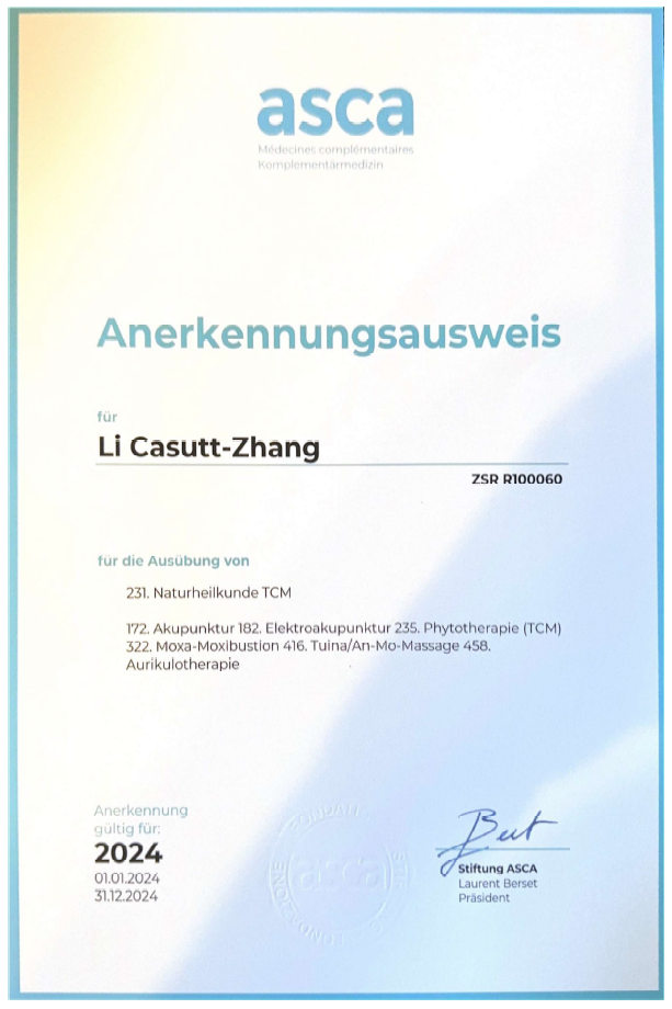 Qualitätszertifikat von Li Casutt von der China 99 TCM GmbH