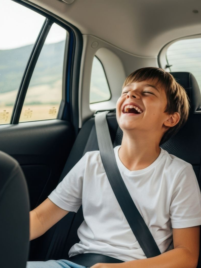 Un garçon dans une voiture, riant, la ceinture de sécurité attachée.