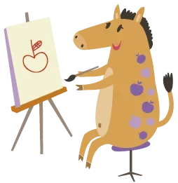 Caballo de dibujos animados pintando una manzana en un lienzo, sonriendo.