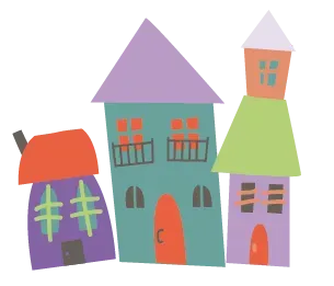 Ilustración de dibujos animados de tres casas coloridas con techos a dos aguas, en violeta, verde azulado y lavanda.