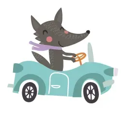 Lobo gris en un coche azul, con una bufanda morada, sonriendo.