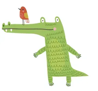 Cocodrilo verde con un pequeño pájaro colorido posado en su nariz.