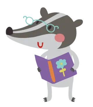 Tejón con gafas, leyendo un libro morado con una flor.